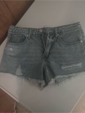 Distressed Light Blue Denim Jean Shorts with Frayed Hem
